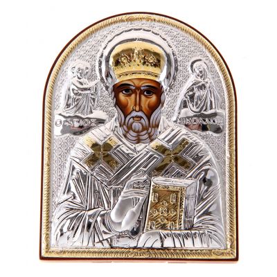 Икона Николай Чудотворец серебро с позолотой на деревянной основе