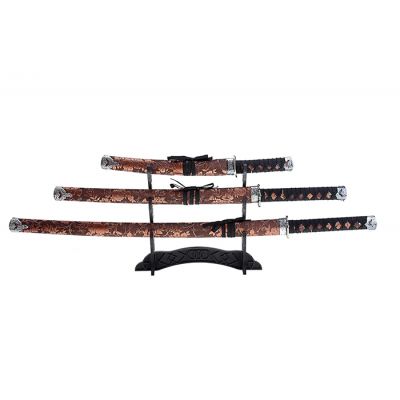 Катаны сувенирные 3в1, на подставке, ткань, коричневые ножны, узор с цветами