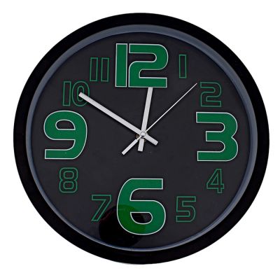 Часы настенные черные в тонкой раме с зелеными цифрами
