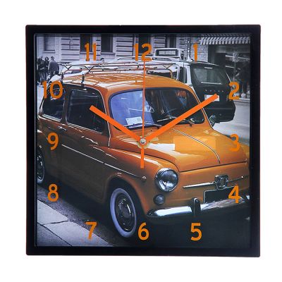 Часы настенные квадрат рама черная , на циферблате "Ретроавтомобиль оранжевый"