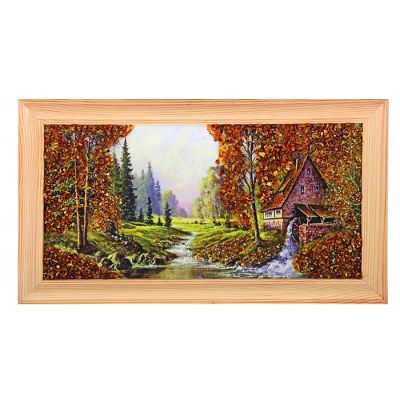 Картина янтарь 20х40 см светлая рама Пейзаж с мостиком, домиком микс