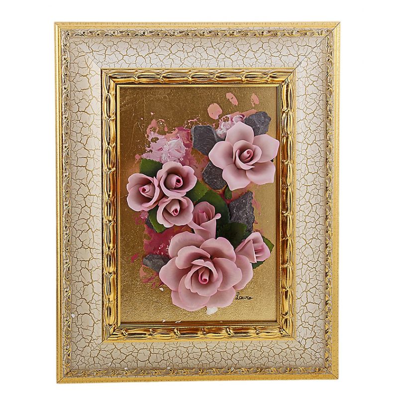Композиция "Розовые розы" из бисквитного фарфора ручной работы в белой раме с золочением серии Арт