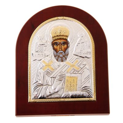 Икона Николай Чудотворец серебро с позолотой в деревянной рамке