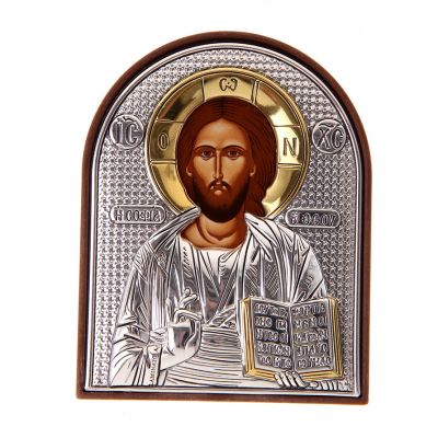 Икона Иисус Христос Спаситель, серебро с позолотой на пластиковой подставке