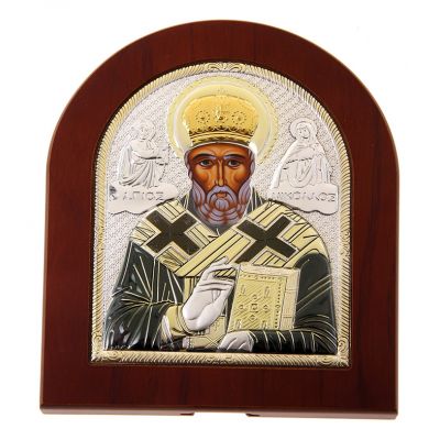 Икона Николай Чудотворец серебро с позолотой и цветным лаком в деревянной рамке