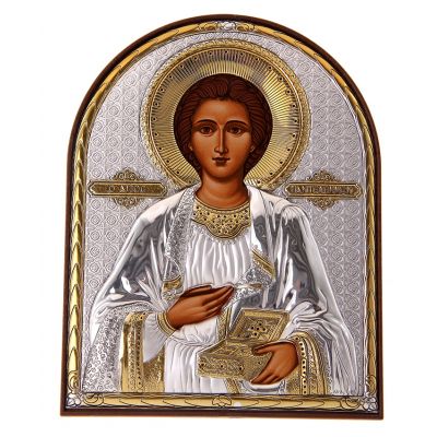 Икона Святой Пантелеймон серебро с позолотой на пластиковой подставке