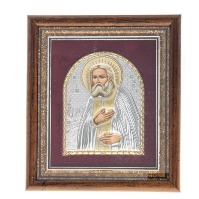 Икона С.Саровский, серебро с золотым лаком, на бар*ате под стеклом, 15*17*2см EK3EAG-KBZ