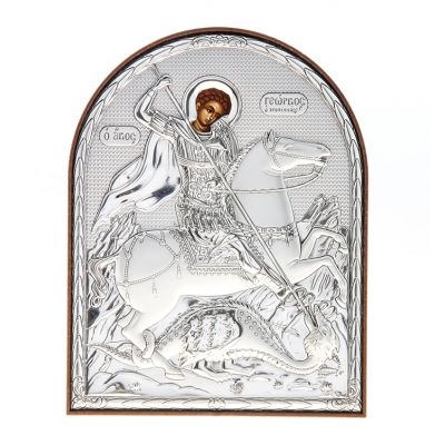 Икона Георгий, на пластиковой подставке, арка, серебро, 12*15,5*1см EK4ПА