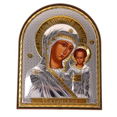 Икона Богоматерь Казанская серебро с позолотой на пластиковой подставке